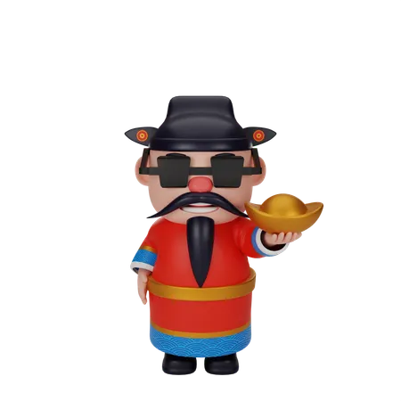 Cai Shen Holding Ingot  3D Illustration