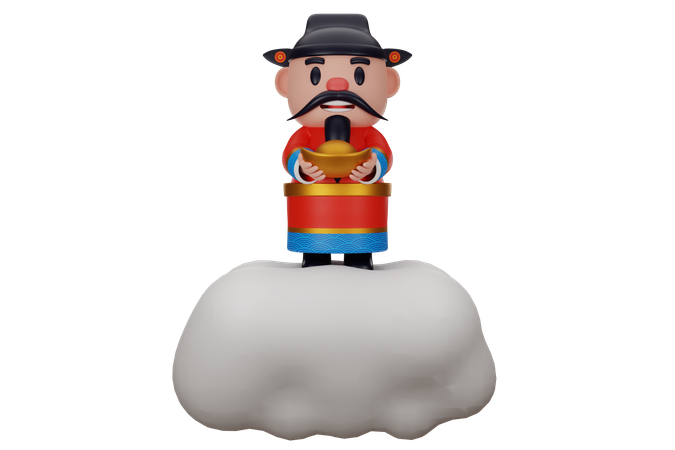 Cai Shen Holding Ingot On Cloud  3D Illustration