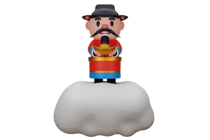 Cai Shen Holding Ingot On Cloud  3D Illustration