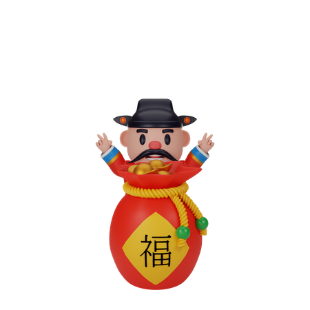 Cai Shen im Glücksbeutel  3D Illustration