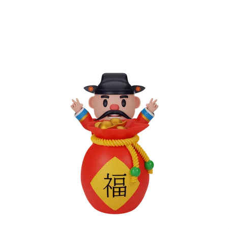 Cai Shen im Glücksbeutel  3D Illustration