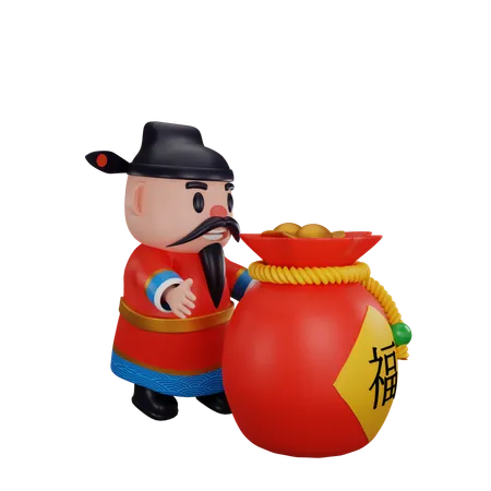 Cai Shen mit Glücksbeutel  3D Illustration