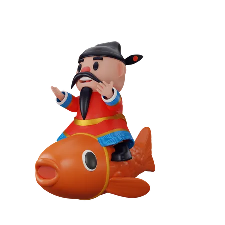 Cai Shen Riding Fish  3D Illustration