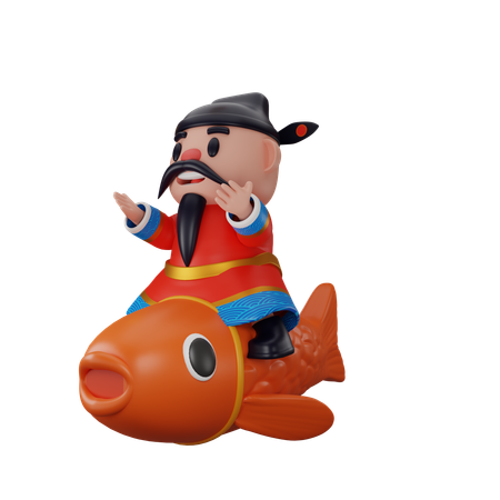 Cai Shen Riding Fish  3D Illustration