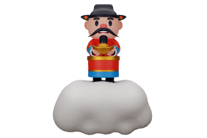 Cai shen sosteniendo lingote en la nube  3D Illustration