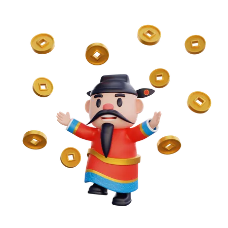 Cai Shen with coins  3D Illustration