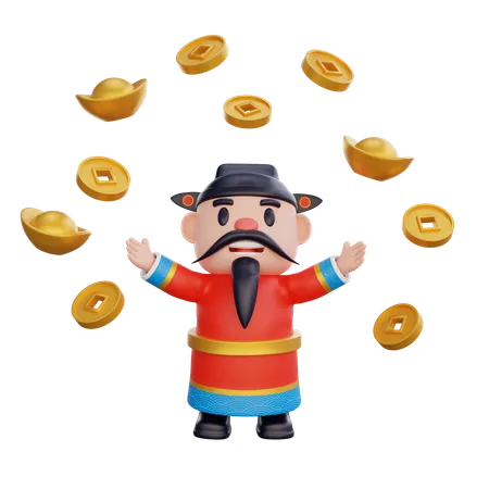 Cai Shen with coins  3D Illustration