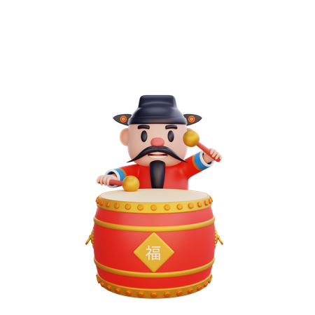 Cai Shen with drum  3D Illustration