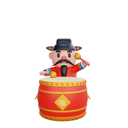 Cai Shen with drum  3D Illustration