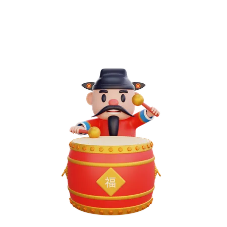 Cai Shen with drum  3D Illustration