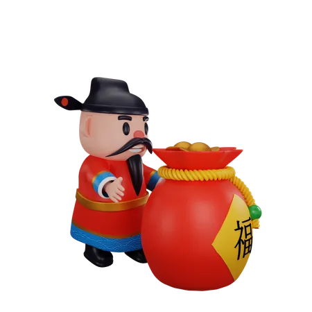 Cai Shen With Fortune Bag  3D Illustration