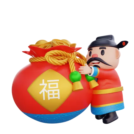 Cai Shen with money bag  3D Illustration