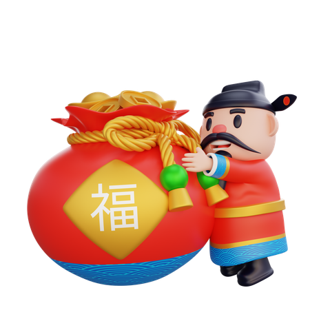 Cai Shen with money bag  3D Icon