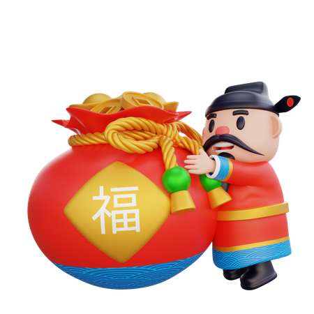 Cai Shen with money bag  3D Illustration