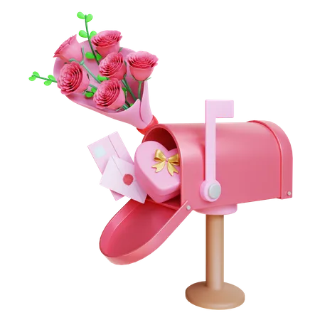 3 D Render Caixa De Correio Do Dia Dos Namorados Com Buque De Flores E Carta De Amor 3D Illustration