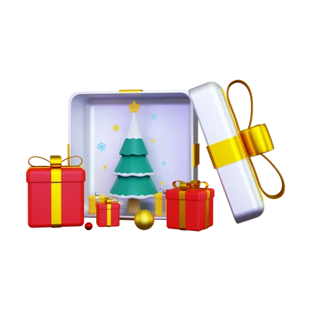 Caixa de presente contendo uma árvore de natal  3D Illustration