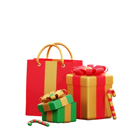 Caixa de presente de natal e sacola de compras  3D Illustration