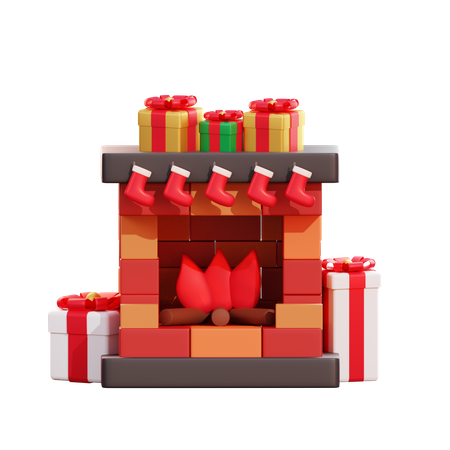 Caixa de presente de natal e lareira  3D Illustration