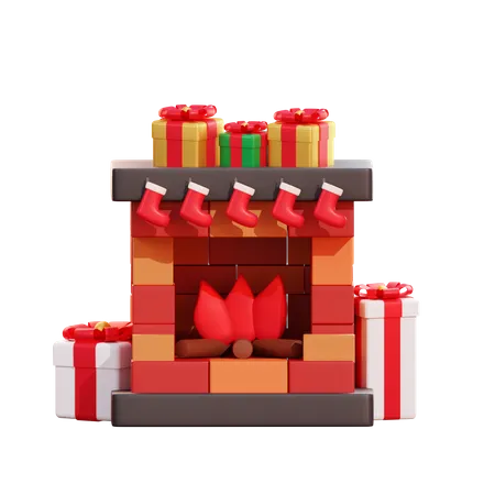 Caixa de presente de natal e lareira  3D Illustration