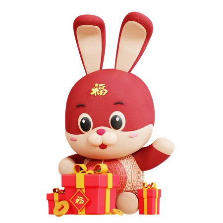 Caja de regalo abierta de conejo chino  3D Illustration