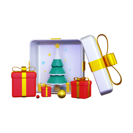 Caja de regalo que contiene un árbol de navidad  3D Illustration