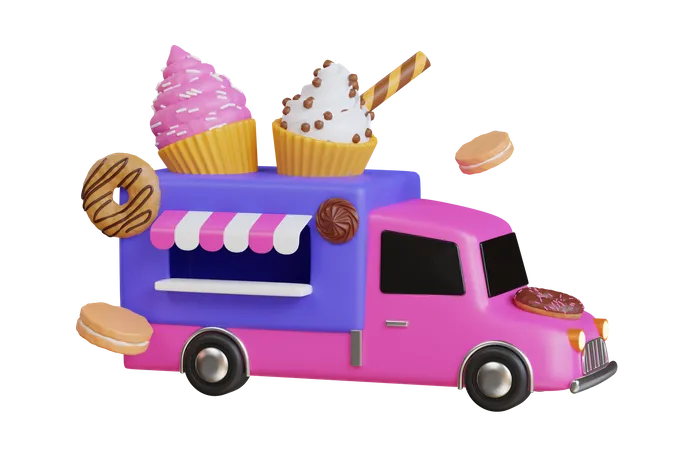 Cake Food Truck 3 D Illustration Bakery Truck Sweets Breakfast Bakery Food Truck Delivery Master 3 D Illustration 3D Icon