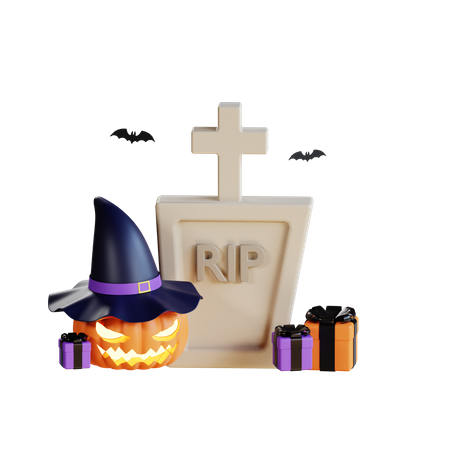 Calabaza aterradora con piedra de cementerio  3D Illustration