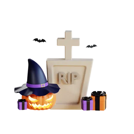 Calabaza aterradora con piedra de cementerio  3D Illustration