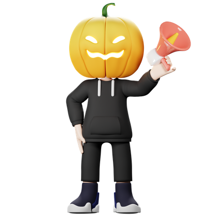 Calabaza aterradora sosteniendo megáfono  3D Illustration