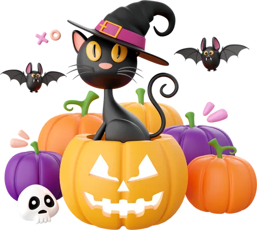 Calabaza de halloween con gato negro  3D Icon