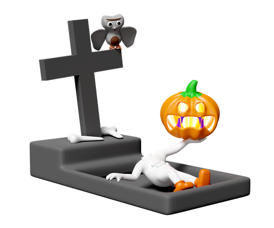 Fantasma de calabaza en el cementerio  3D Illustration