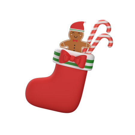 Calcetín rojo navideño con hombre de jengibre y bastón de caramelo  3D Illustration