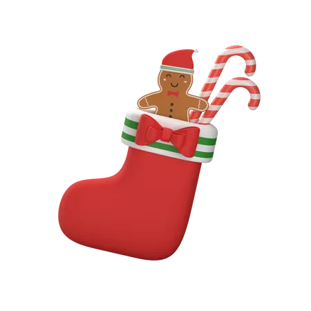 Calcetín rojo navideño con hombre de jengibre y bastón de caramelo  3D Illustration