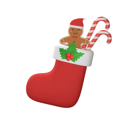 Calcetín rojo navideño con muérdago  3D Illustration