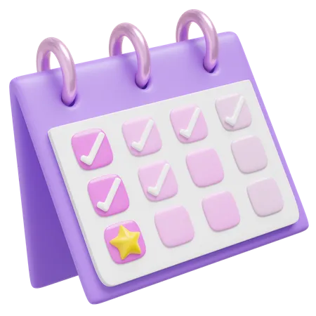 3 D Calendar Assignment Icon Purple Calender With Check Mark Sign Floating On Transparent Star Day For Event Holiday Plan Reminder Concept Cartoon Icon Minimal Smooth 3 D Rendering 3D Icon