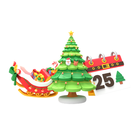 Calendar Chrismas Tree And Santa Sleigh  3D Icon