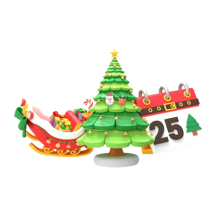 Calendar Chrismas Tree And Santa Sleigh  3D Icon