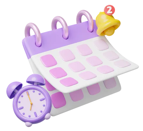 3 D Calendar Reminder Icon Purple Calender With Empty Date Bell Clock Floating On Transparent Scheduled Event Holiday Plan Business Notification Concept Cartoon Icon Smooth 3 D Rendering 3D Icon