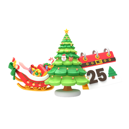 Calendario árbol de navidad y trineo de santa  3D Icon