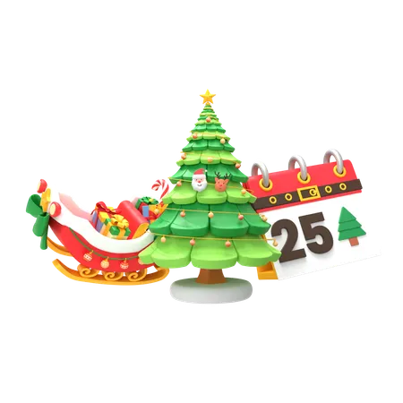 Calendario árbol de navidad y trineo de santa  3D Icon