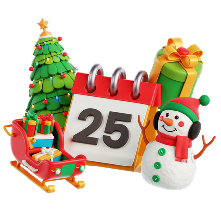 Calendário, árvore de natal, boneco de neve  3D Icon