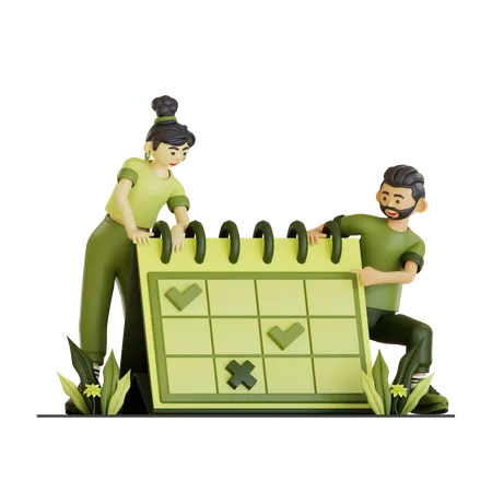 Pareja feliz haciendo horario de tareas  3D Illustration