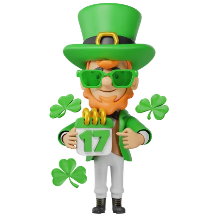 Calendario señalador del personaje de San Patricio  3D Illustration