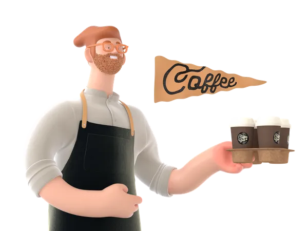 Camarero va a servir café  3D Illustration