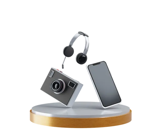 Câmera Smartphone e fone de ouvido  3D Illustration