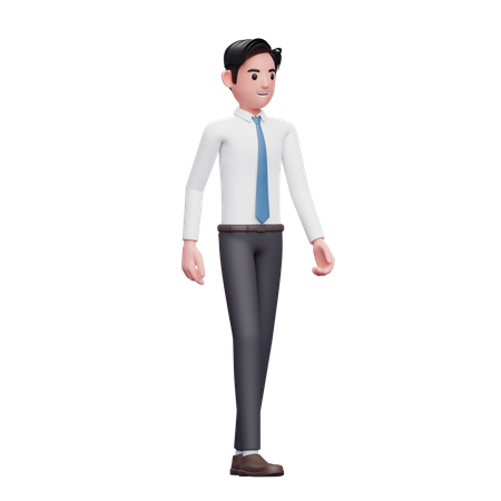 Un hombre de negocios caminando con camisa larga y corbata azul.  3D Illustration