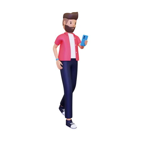 Hombre 3 D Caminando Mientras Juega Con El Telefono Celular 3D Illustration
