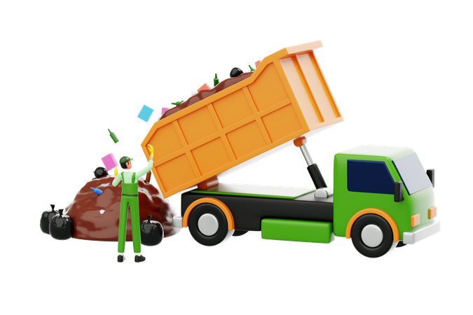 Un camion-benne déverse les déchets directement dans les décharges  3D Illustration