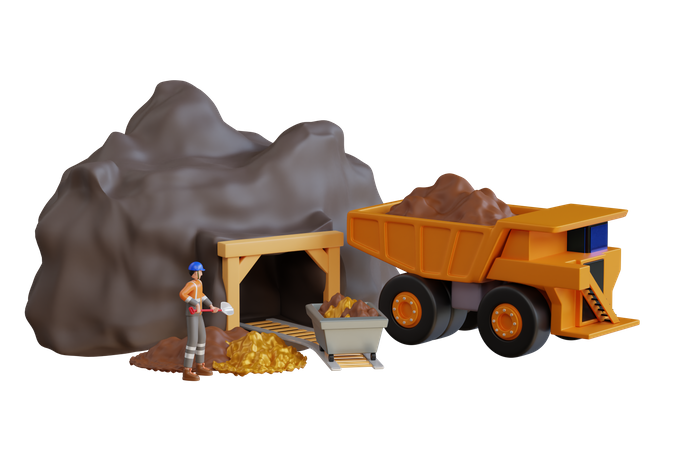 Camion de transport à l’entrée de la mine d’or  3D Illustration