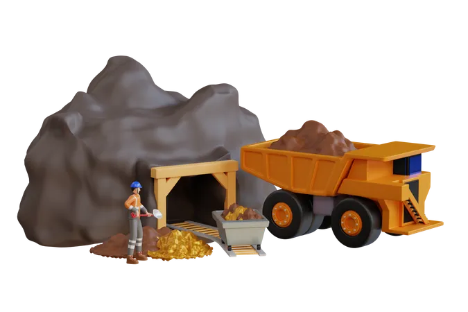 Camión de transporte a la entrada de la mina de oro.  3D Illustration